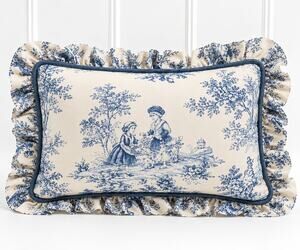 Blue White Toile Throw Pillow Ruffle French Country Cottage Accent 14x9